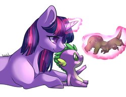 Size: 1017x785 | Tagged: safe, artist:yuyusunshine, spike, twilight sparkle, dinosaur, g4, baby spike, cute, magic, mama twilight, toy