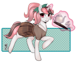 Size: 1024x824 | Tagged: safe, artist:marshmallowdemon, oc, oc only, pony, unicorn, clothes, food, glowing horn, horn, levitation, magic, solo, tea, telekinesis