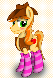 Size: 730x1080 | Tagged: safe, artist:steam-loco, braeburn, earth pony, pony, g4, blushing, clothes, male, socks, solo, striped socks