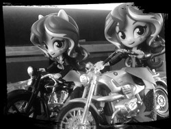 Size: 2592x1944 | Tagged: safe, sunset shimmer, equestria girls, g4, clothes, doll, equestria girls minis, eqventures of the minis, female, harley davidson, irl, jacket, leather jacket, monochrome, motorcycle, photo, self paradox, toy