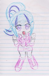 Size: 1219x1894 | Tagged: safe, artist:elgatosabio, sonata dusk, equestria girls, g4, blushing, boots, chibi, clothes, female, lined paper, open mouth, ponytail, skirt, socks, solo, traditional art
