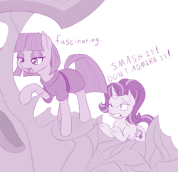Size: 1138x1100 | Tagged: safe, artist:dstears, maud pie, starlight glimmer, earth pony, pony, unicorn, g4, to where and back again, angry, cross-popping veins, dialogue, duo, glare, gritted teeth, hilarious in hindsight, lidded eyes, monochrome, open mouth, raised hoof, simple background, throne, underhoof, white background