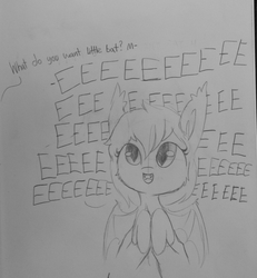 Size: 1078x1167 | Tagged: safe, artist:tjpones, part of a set, oc, oc only, bat pony, pony, :d, bust, cheek fluff, cute, dialogue, ear fluff, ear tufts, eeee, fangs, female, grayscale, happy, holding a pony, lineart, looking up, mare, monochrome, offscreen character, open mouth, part of a series, screech, sketch, smiling, smol, spread wings, this will end in deafness, traditional art, what do you want