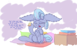 Size: 1280x853 | Tagged: safe, artist:heir-of-rick, oc, oc only, oc:sapphire lollipop, eyes closed, floppy ears, food, impossibly large ears, open mouth, pillow, pizza, poem, sitting, solo