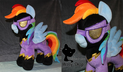 Size: 1028x600 | Tagged: safe, artist:vegeto-uchihaportgas, rainbow dash, g4, clothes, costume, goggles, irl, photo, plushie, shadowbolt dash, shadowbolts, shadowbolts costume, solo