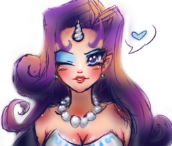 Size: 941x800 | Tagged: safe, artist:yukiru, rarity, human, g4, blushing, breasts, bust, cleavage, female, heart, horn, horned humanization, humanized, one eye closed, solo