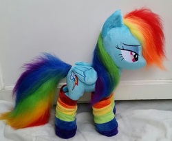 Size: 920x756 | Tagged: safe, artist:epicrainbowcrafts, rainbow dash, g4, clothes, irl, lidded eyes, photo, plushie, rainbow socks, socks, solo, striped socks