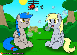 Size: 1400x1000 | Tagged: safe, artist:spritepony, derpy hooves, oc, oc:sprite, alicorn, pony, g4, alicorn oc, bubble, controller, cute, helicopter, park, patreon, patreon logo