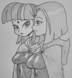 Size: 2233x2407 | Tagged: safe, artist:canime, twilight sparkle, human, g4, blushing, breasts, busty twilight sparkle, clothes, cosplay, costume, crossover, duo, duo female, female, high res, humanized, monochrome, raven (dc comics), sketch, teen titans, traditional art, twiraven, voice actor joke