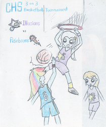Size: 1000x1188 | Tagged: safe, anonymous artist, lavender lace, rainbow dash, trixie, equestria girls, g4, basketball, slam dunk, traditional art