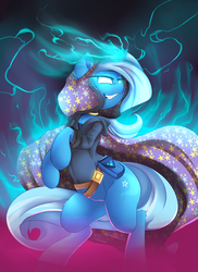 Size: 2700x3705 | Tagged: safe, artist:madacon, trixie, pony, unicorn, g4, cape, clothes, female, glowing eyes, high res, magic, solo