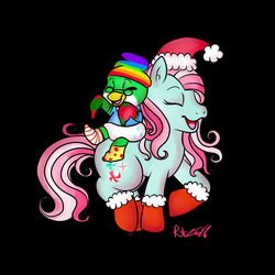 Size: 900x900 | Tagged: safe, artist:therainbowtroll, minty, bird, earth pony, penguin, pony, g3, black background, christmas ponies, clothes, eyes closed, hat, santa hat, simple background, socks