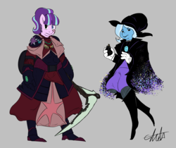 Size: 5100x4275 | Tagged: safe, artist:stormyglaze, starlight glimmer, trixie, anthro, plantigrade anthro, g4, absurd resolution, armor, bard, black knight, dark mage, duo, fantasy class, female, gray background, hat, illusionist, lidded eyes, mare, potion, scythe, simple background, wizard hat