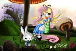 Size: 3000x2000 | Tagged: safe, artist:shogundun, angel bunny, fluttershy, g4, alice in wonderland, blushing, clothes, crossover, disney, dress, grass field, high res, mushroom, open mouth, scenery, signature, socks, striped socks