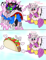 Size: 1384x1800 | Tagged: safe, artist:blackbewhite2k7, king sombra, oc, oc:fluffle puff, g4, beam, blushing, comic, crossover, dabura, dragon ball, dragon ball z, drool, exclamation point, fat boo, food, food transformation, gasp, inanimate tf, interrobang, majin boo, open mouth, poof, question mark, raspberry, sombra eyes, taco, tongue out, transformation, wide eyes, xk-class end-of-the-world scenario