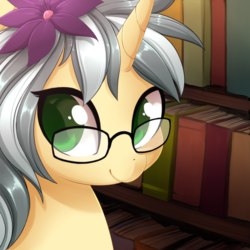 Size: 3900x3900 | Tagged: safe, artist:starshinebeast, oc, oc only, oc:mercury shine, pony, unicorn, book, flower, flower in hair, glasses, high res, solo