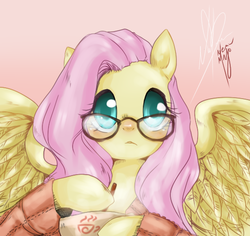 Size: 530x500 | Tagged: safe, artist:nemu majo, fluttershy, pegasus, pony, g4, clothes, colored pupils, cup, cute, female, glasses, gradient background, hoof hold, looking at you, meganekko, shyabetes, signature, solo, spread wings