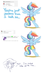 Size: 1280x2145 | Tagged: safe, artist:heir-of-rick, rainbow dash, pony, g4, bipedal, clothes, dialogue, embarrassed, female, looking back, open mouth, partial nudity, reddit, simple background, solo, spread wings, swimming trunks, swimsuit, topless, underhoof, we don't normally wear clothes, white background