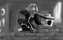 Size: 1024x651 | Tagged: safe, artist:phuocthiencreation, oc, oc only, oc:bass javelin, anthro, action pose, badass, black and white, city, grayscale, gun, monochrome, optical sight, rifle, sniper, sniper rifle, solo, weapon