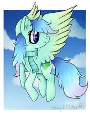 Size: 518x704 | Tagged: safe, artist:dragon9913, oc, oc only, pegasus, pony, clothes, cloud, flying, scarf, smiling, solo, spread wings