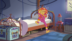 Size: 1600x900 | Tagged: safe, screencap, sunset shimmer, equestria girls, g4, my little pony equestria girls: legend of everfree, clothes, eyes closed, feet, female, karate, kung fu shimmer, legend of everfeet, pajamas, sleepy, solo, sunset's sleepfighting, tired, waking up