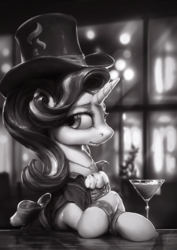 Size: 850x1200 | Tagged: safe, artist:assasinmonkey, starlight glimmer, pony, g4, alcohol, bar, black and white, bracelet, clothes, crossed hooves, dress, drink, female, glass, grayscale, hat, jewelry, martini, monochrome, necklace, noir, scenery, signature, solo, top hat