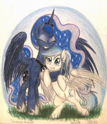 Size: 1072x1244 | Tagged: safe, artist:thefriendlyelephant, princess luna, oc, oc:lesa castle, pegasus, pony, g4, belly button, commission, grass, hug, traditional art