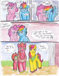 Size: 2552x3296 | Tagged: safe, artist:tristanjsolarez, big macintosh, pinkie pie, rainbow dash, tex, earth pony, pegasus, pony, comic:trans ponies, g1, g4, comic, female, flower, g1 to g4, generation leap, male, mare, mouth hold, neckerchief, rainbow blitz, rule 63, stallion, transgender