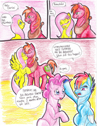 Size: 2552x3300 | Tagged: safe, artist:tristanjsolarez, big macintosh, fluttershy, pinkie pie, rainbow dash, earth pony, pegasus, pony, comic:trans ponies, g4, blushing, comic, female, flower, flower in hair, male, mare, mouth hold, nudity, pink background, rainbow blitz, rule 63, sheath, ship:fluttermac, shipping, simple background, stallion, straight, transgender