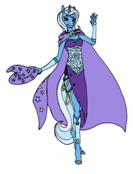 Size: 2351x3075 | Tagged: safe, artist:breadworth, trixie, anthro, unguligrade anthro, g4, clothes, dress, female, high res, holding, lidded eyes, simple background, smiling, solo, transparent background, trixie's cape, trixie's hat