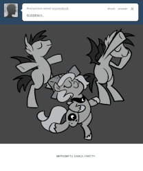 Size: 666x800 | Tagged: safe, artist:egophiliac, princess luna, oc, oc:frolicsome meadowlark, oc:sunshine smiles (egophiliac), bat pony, pony, moonstuck, g4, animated, bipedal, cartographer's cap, dance party, dancing, filly, gif, grayscale, hat, hooves in air, monochrome, mood whiplash, party hard, spinning, suddenly, woona, younger