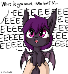 Size: 1078x1167 | Tagged: safe, artist:dsp2003, artist:tjpones, part of a set, oc, oc only, bat pony, human, pony, blushing, bust, collaboration, cute, diabetes, dialogue, dsp2003 is trying to murder us, eeee, fangs, female, fluffy, holding a pony, looking up, ocbetes, offscreen character, open mouth, part of a series, screech, simple background, smiling, spread wings, tjpones is trying to murder us, what do you want, white background