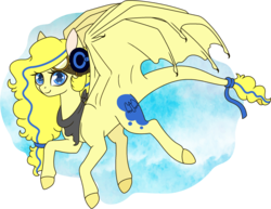 Size: 2263x1750 | Tagged: safe, artist:pexi2012, oc, oc only, oc:alicja spring, dracony, hybrid, blue, blue eyes, digital art, flying, headphones, neckerchief, simple background, solo, transparent background, yellow