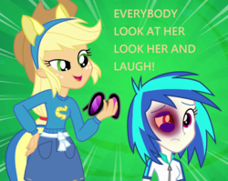 Size: 1356x1080 | Tagged: safe, edit, applejack, dj pon-3, vinyl scratch, human, equestria girls, g4, abuse, abuse edit, black eye, eqg abuse edits, female, op is a duck, vinylbuse