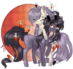 Size: 900x852 | Tagged: safe, artist:ayoarts, oc, oc only, pony, unicorn, art trade, digital art, feather, full body, hug, purple, sisters