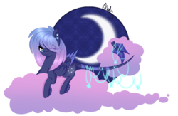 Size: 1024x667 | Tagged: safe, artist:ayoarts, oc, oc only, pegasus, pony, art trade, cloud, moon, night, purple, solo