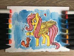 Size: 1024x768 | Tagged: safe, artist:ayoarts, fluttershy, mouse, squirrel, g4, animal, cute, female, friends, full body, happy, heart, raised hoof, smiling, solo, traditional art