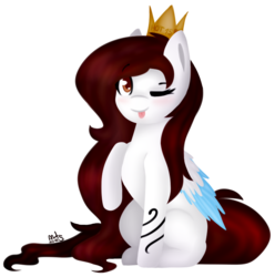 Size: 683x689 | Tagged: safe, artist:ayoarts, oc, oc only, oc:lau, pegasus, pony, :p, birthday, blue wings, bracelet, brown eyes, brown mane, colored wings, colored wingtips, crown, cute, digital art, female, full body, gift art, happy, jewelry, lineless, long mane, looking at you, one eye closed, raised hoof, regalia, simple background, sitting, smiling, solo, tongue out, transparent background, white, wink