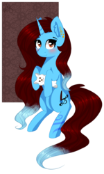 Size: 615x1025 | Tagged: safe, artist:ayoarts, oc, oc only, oc:dess, pony, unicorn, art trade, blue, brown eyes, full body, long mane, solo