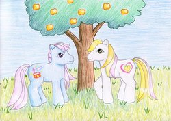 Size: 1024x726 | Tagged: safe, artist:normaleeinsane, golden delicious (g3), piccolo, g3, duo, traditional art, tree