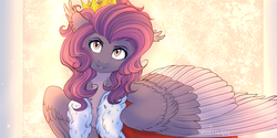 Size: 5000x2500 | Tagged: safe, artist:nightskrill, oc, oc only, oc:shadowgale, original species, pony, crown, digital art, jewelry, looking at you, purple, queen, regalia, smiling, solo