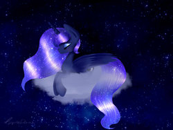 Size: 1024x768 | Tagged: safe, artist:dashiepl, princess luna, g4, cloud, eyes closed, female, night, shiny, sky, solo, stars