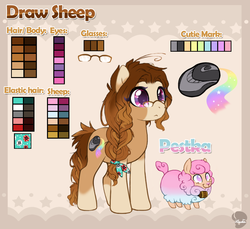 Size: 1037x948 | Tagged: safe, artist:micealbinoska, oc, oc only, oc:draw sheep, earth pony, pony, sheep, braid, brown mane, glasses, purple-pink eyes, reference sheet, solo, tiny ewes