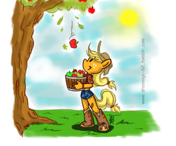 Size: 706x584 | Tagged: safe, artist:vago-xd, applejack, earth pony, anthro, plantigrade anthro, g4, apple, bandaid, cute, female, food, jackabetes, solo