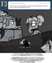 Size: 666x800 | Tagged: safe, artist:egophiliac, nightmare moon, princess luna, oc, oc:frolicsome meadowlark, oc:sunshine smiles (egophiliac), bat pony, pony, moonstuck, g4, cartographer's couch, dark woona, filly, glasses, grayscale, monochrome, nightmare woon, tumblr, woona, younger