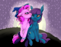 Size: 1280x978 | Tagged: safe, artist:colorlesscupcake, oc, oc only, oc:blue moon, oc:hazel charm, bat pony, pony, unicorn, female, hat, heart, kissing, lesbian, shipping, witch, witch hat