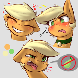 Size: 1800x1800 | Tagged: safe, artist:captainpudgemuffin, applejack, earth pony, pony, g4, alternate hairstyle, bell, bell collar, blushing, captainpudgemuffin is trying to murder us, cat bell, collar, cute, disgusted, expression, eyes closed, female, floppy ears, fluffy, food, frown, glare, grin, heart, hilarious in hindsight, jackabetes, mare, open mouth, pear, pearlarious in hindsight, pictogram, pixie cut, smiling, sweat, that pony sure does hate pears, that pony sure does love apples, tongue out
