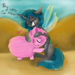Size: 1024x1024 | Tagged: safe, artist:feathershine1, queen chrysalis, oc, oc:fluffle puff, g4, to where and back again, canon x oc, closed eye, crying, eyes closed, female, gritted teeth, lesbian, sad, ship:chrysipuff, shipping, teary eyes, tongue out