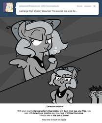 Size: 666x800 | Tagged: safe, artist:egophiliac, princess luna, oc, oc:frolicsome meadowlark, oc:sunshine smiles (egophiliac), bat pony, pony, moonstuck, g4, bubble pipe, cartographer's deerstalker, ceci n'est pas une pipe, filly, grayscale, monochrome, pipe, woona, woonoggles, younger