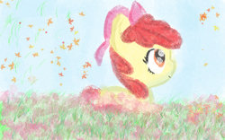 Size: 1024x640 | Tagged: safe, artist:gabialicornprincess, apple bloom, g4, female, flower, flower field, looking up, profile, prone, solo